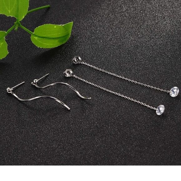 Jewelry - 925 Sterling Silver Crystal CZ Single Chain Dangle Earrings with Stone *